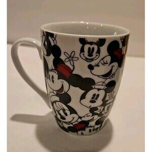 Disney Minnie  & Mickey Mouse Faces All Over Coffee Mug Black White Red 14oz NEW